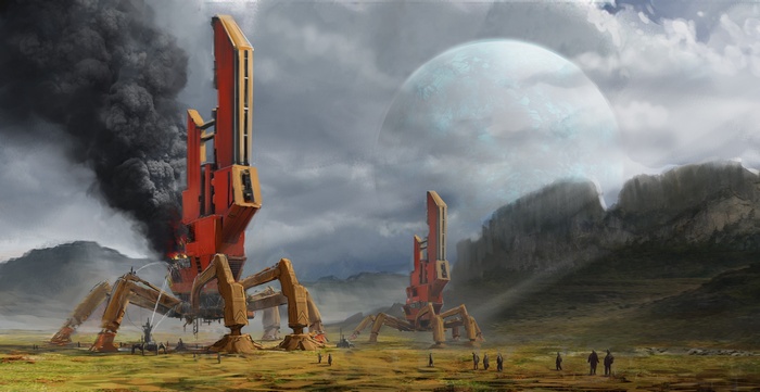 Futuristic mechs on a burning alien planet