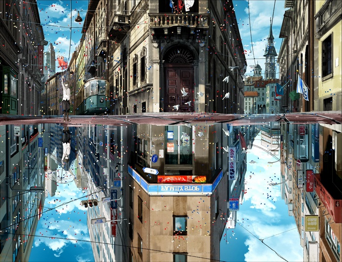 Anime street scene with confetti and reflection