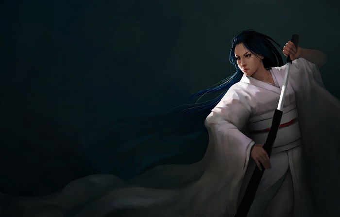 Woman in white kimono holding a sword