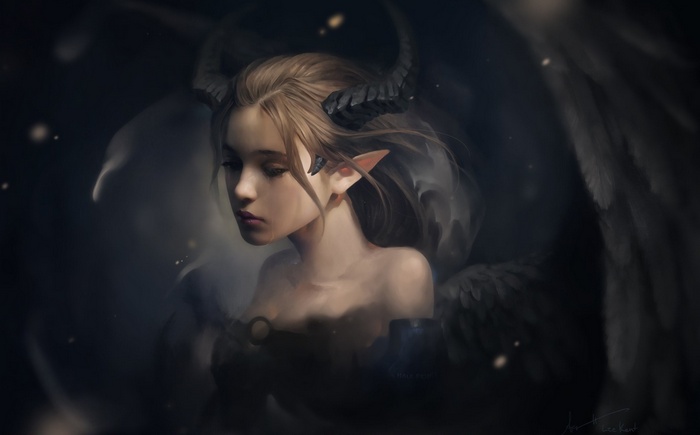 Fantasy art of a winged demon girl with horns