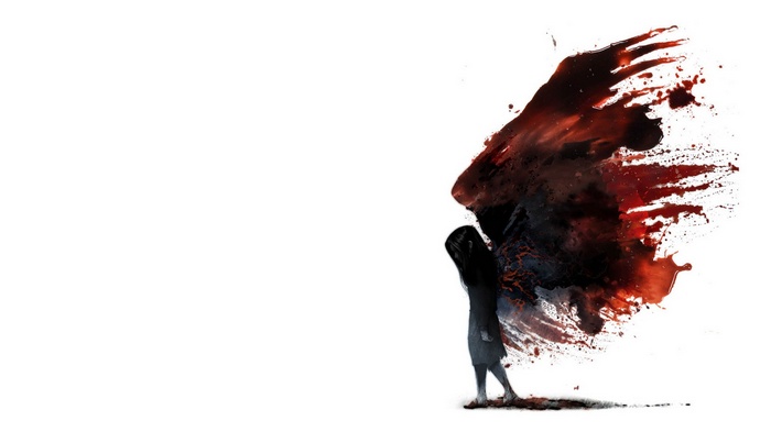 artwork, demon, F.E.A.R. 2: Project Origin, walking, painting, dark hair, sad, white background, little girl, paint splatter, dark, blood, angel, fantasy art, minimalism