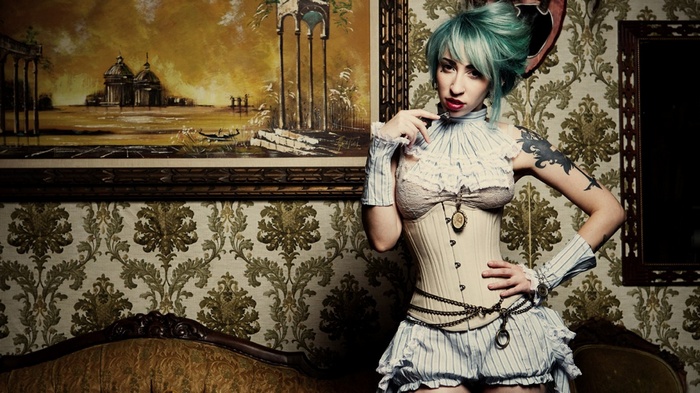 Vivid Vivka in a corset and striped skirt