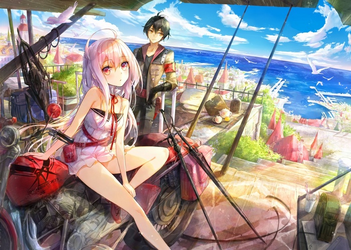Anime Girl and Boy with Motorcycle by the Sea