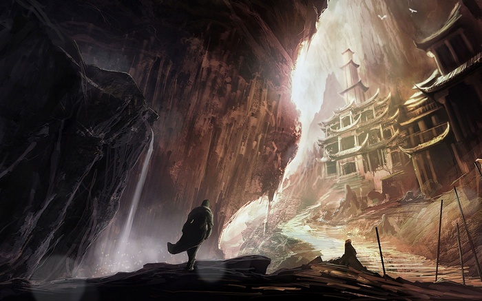 Fantasy temple in a cave with a waterfall