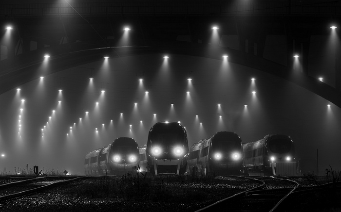 Trains lined up at a foggy station at night