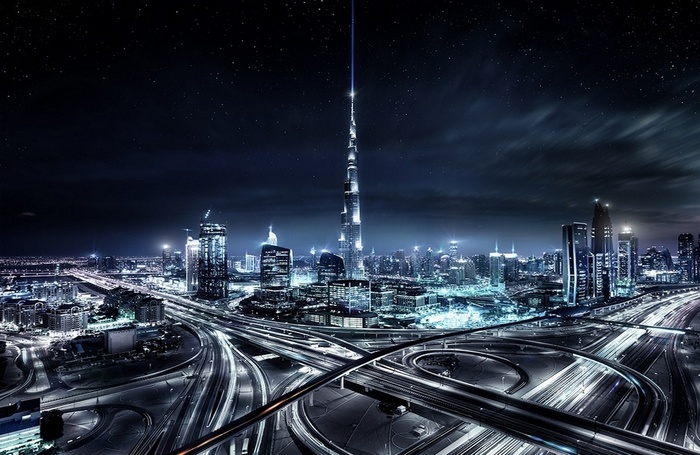 Dubai cityscape with Burj Khalifa at night