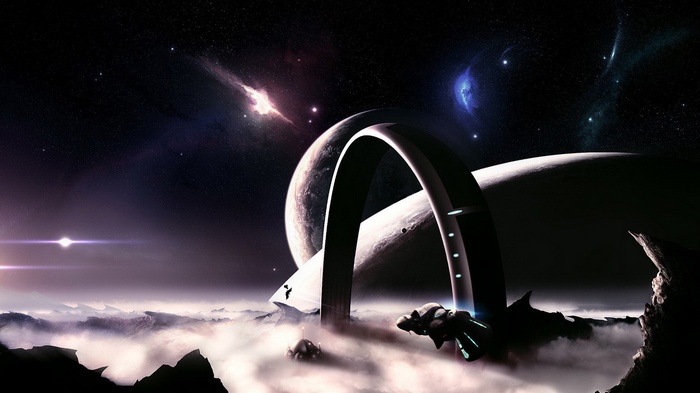 Space ring structure with planets and nebulae