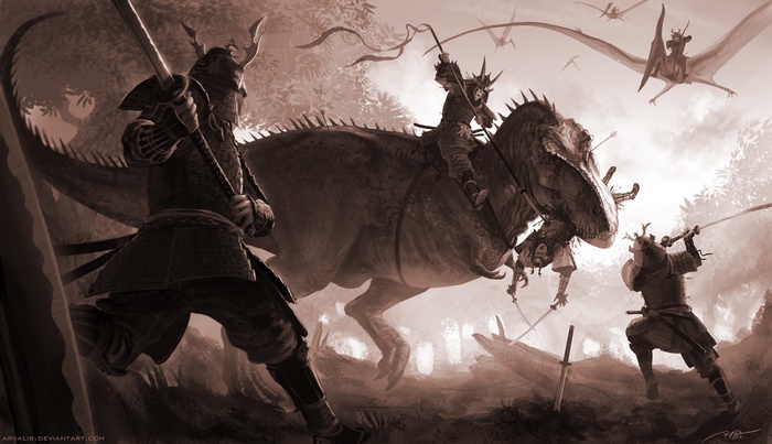 dinosaurs, T-Rex, katana, samurai, fantasy art, Tyrannosaurus rex, sword, digital art