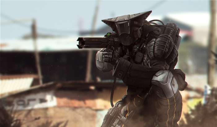 Futuristic soldier aiming a rifle in a war-torn area