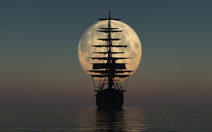 Sailing ship in front of a large moon over the sea
