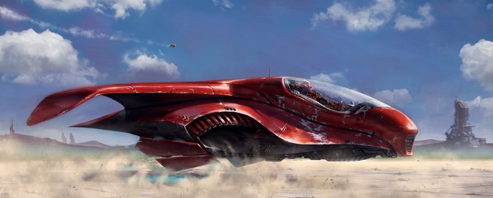 Red science fiction vehicle flying over a desert landscape