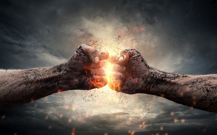 fighting, fists, digital art, hands, fire