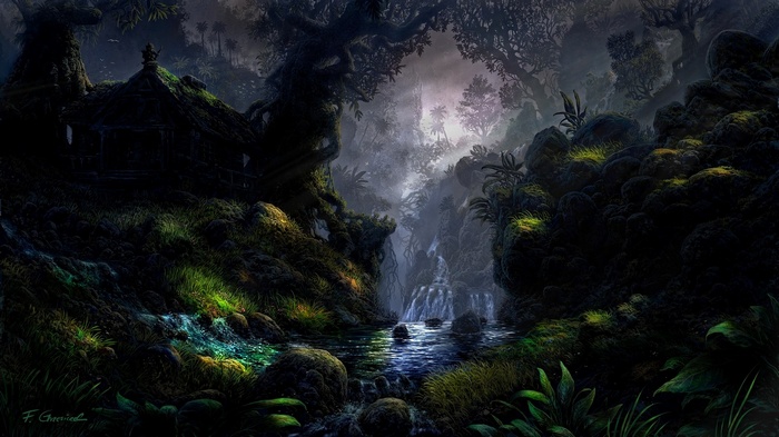 Fantasy art of a dark jungle with a river and waterfall