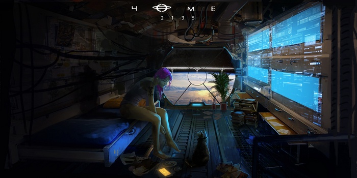 Woman with purple hair and cat in futuristic spaceship interior