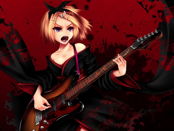 Kagamine Rin playing guitar in a kimono
