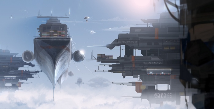Futuristic airborne city with cargo ship