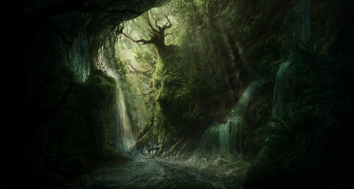 Dark forest with waterfalls and a river