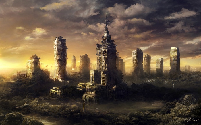 Post-apocalyptic Warsaw skyline at sunset