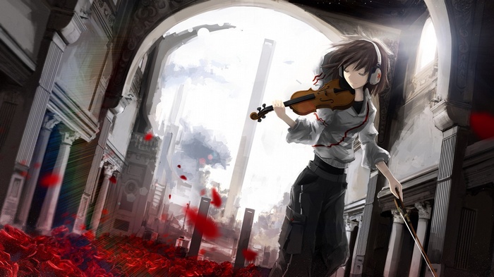 Anime girl playing violin in ruined architecture with roses