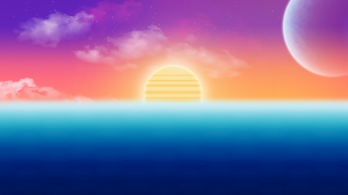 Colorful retro sunset over the ocean with a planet