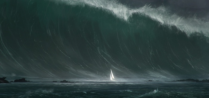Artwork of a sailboat facing a giant wave