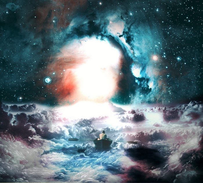 Man rowing a boat through clouds in space