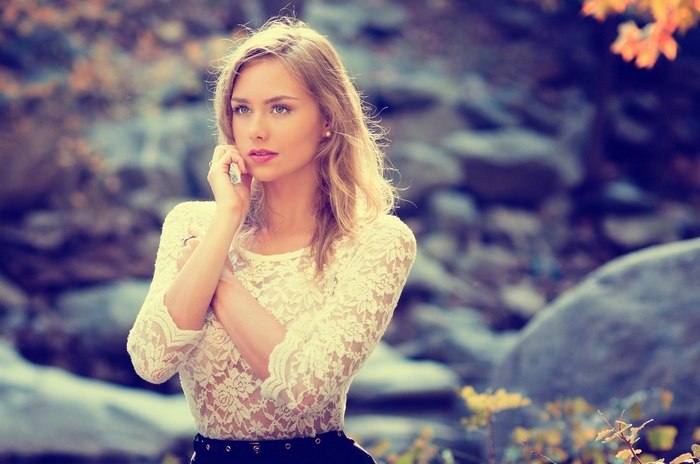model, Karolina Debczynska, see-through clothing, women outdoors, open mouth, women, depth of field, filter, hand on face, blonde, blue eyes