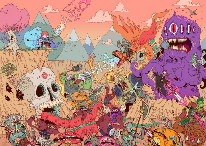 Fantasy battle with monsters and warriors