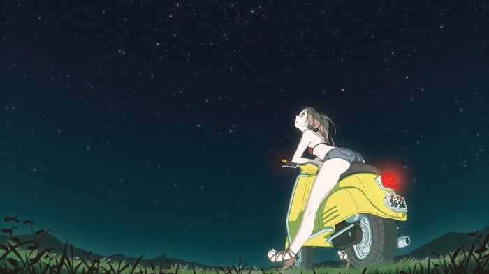 Anime girl on a yellow Vespa looking at stars