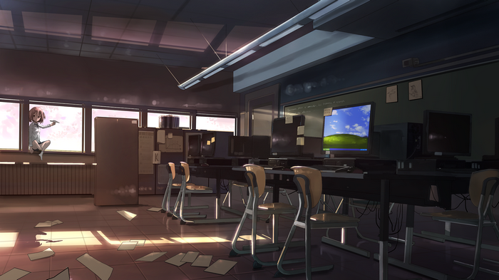 Anime girl in a classroom with computers