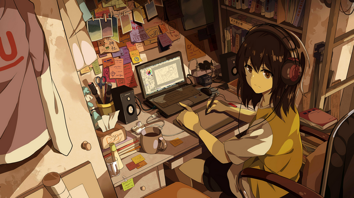 Anime girl with headphones drawing on a computer
