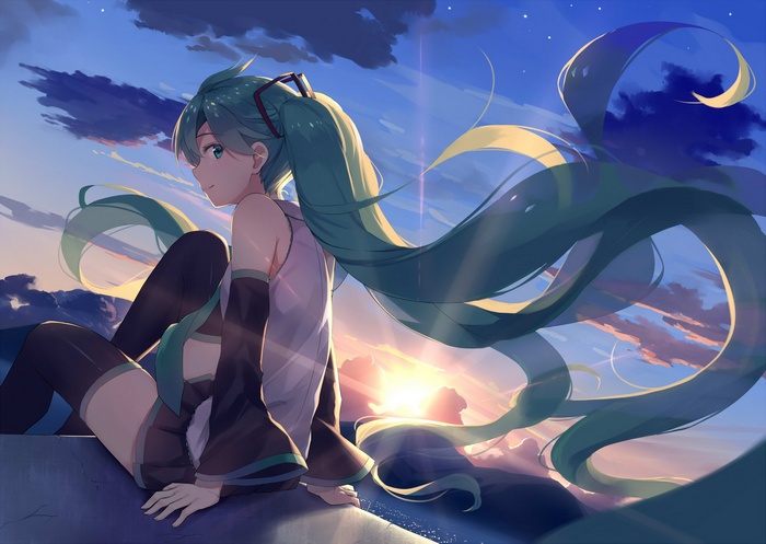 green hair, bare shoulders, skirt, thigh-highs, sitting, hair ornament, Vocaloid, green eyes, sunset, bangs, twintails, looking back, anime girls, detached sleeves, Hatsune Miku, long hair
