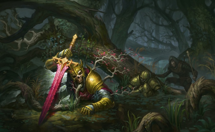Skeleton warrior with a glowing sword in a dark forest