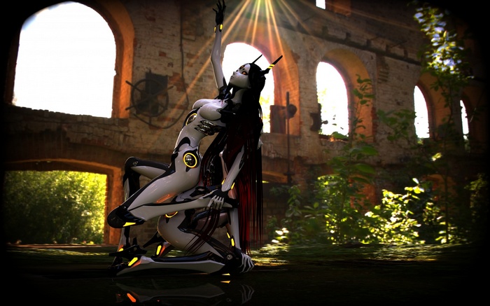 Robot woman in ruined building with sunbeams