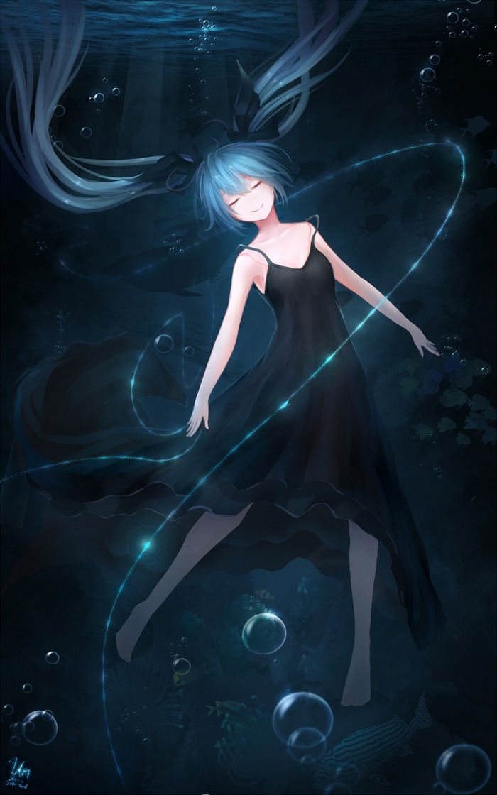 Hatsune Miku underwater in a black dress