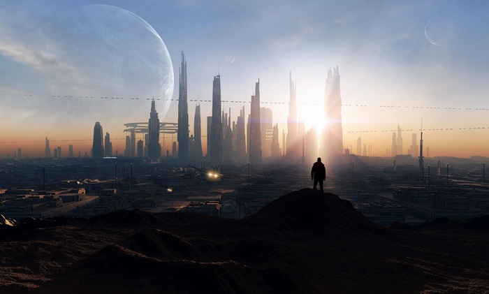 Futuristic city with a large moon in the sky