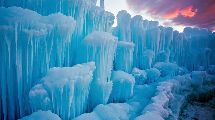 Ice formations with a sunset sky