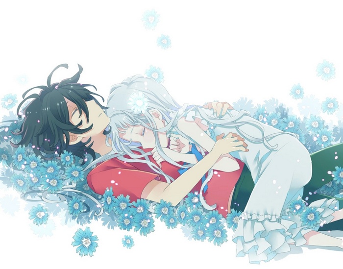 Menma and Jinta from Anohana lying in flowers