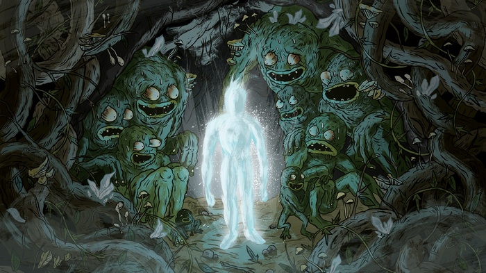 Glowing figure surrounded by mossy creatures in a forest