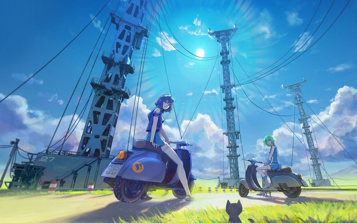Eureka Seven Anime Girls on Scooters with Cat