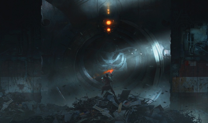 Futuristic scene with a figure in a large circular structure