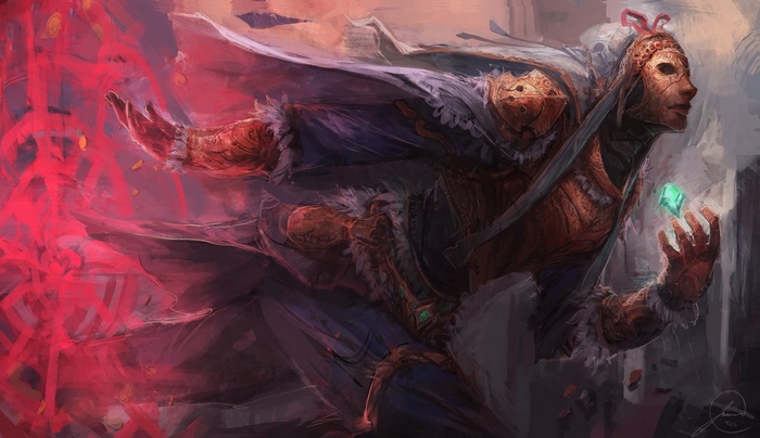 Fantasy art of a masked figure with a gem