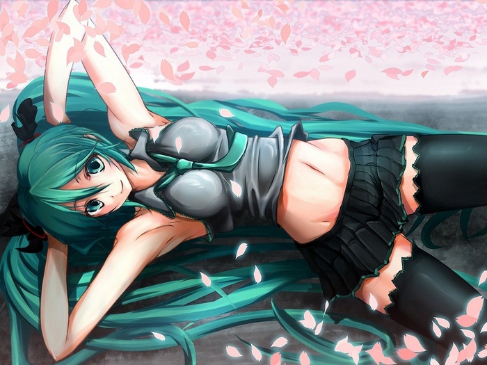 stockings, lying down, twintails, skirt, black stockings, Hatsune Miku, long hair, belly, tie, dyed hair, women, anime, anime girls, blue hair