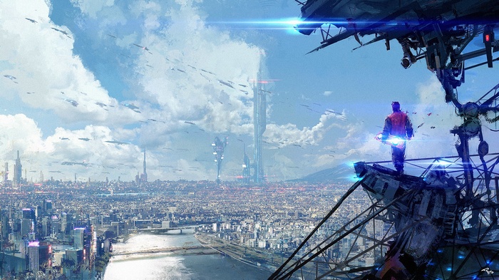 Futuristic cityscape with a person overlooking the city