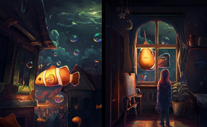 Clownfish and bubbles in a surreal fantasy landscape