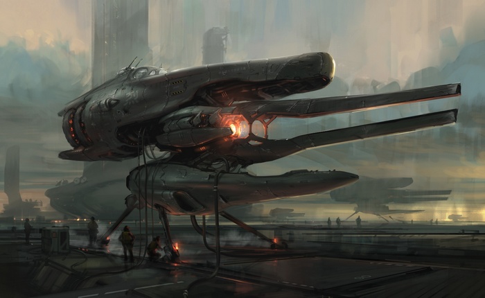 Futuristic artwork of a large mechanical craft