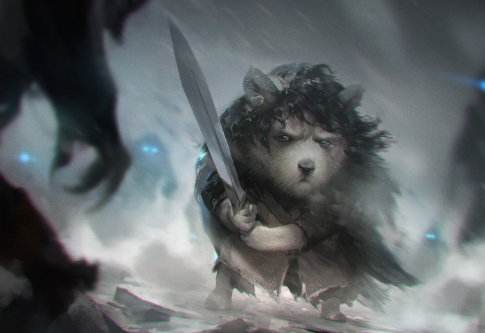 Fantasy art of a dog-like creature with a sword