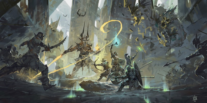 Fantasy art of a battle between warriors and monsters