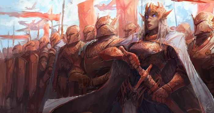 Elf Queen leads an army with dragons flying overhead