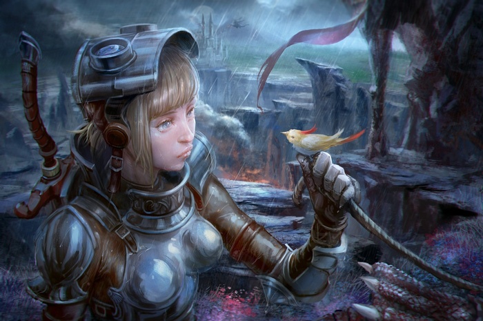 Fantasy girl in armor with a bird in the rain